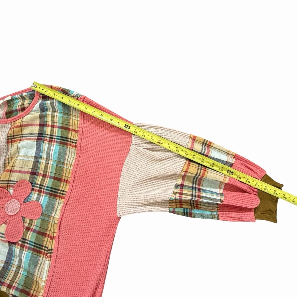 Easel Daisy Waffle Plaid Patchwork Oversized Sweatshirt L Hippie Boho Lagenlook - Picture 8 of 9